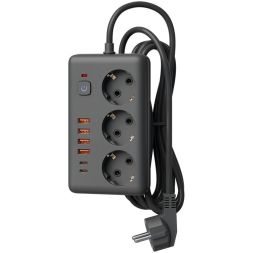 Удлинитель с сетевым фильтром 3х1.5м 10А 4USB + 2USBC 2500Вт ПВС 3х1 прямоуг. черн. КОСМОС FKsm1.5m-3gPF(B)USB