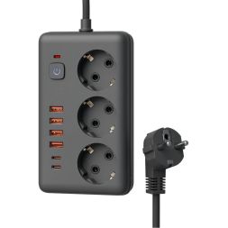 Удлинитель с сетевым фильтром 3х1.5м 10А 4USB + 2USBC 2500Вт ПВС 3х1 прямоуг. черн. КОСМОС FKsm1.5m-3gPF(B)USB