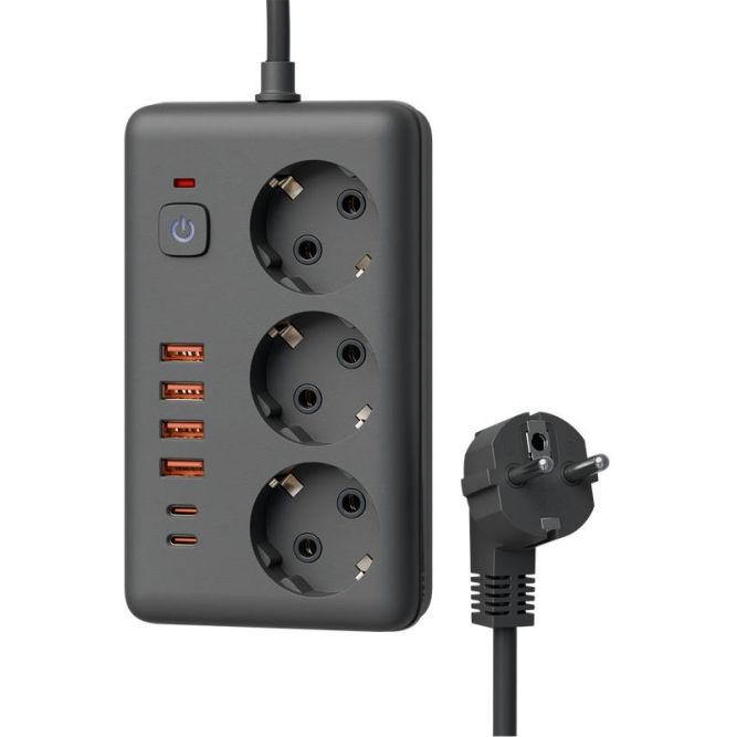 Удлинитель с сетевым фильтром 3х1.5м 10А 4USB + 2USBC 2500Вт ПВС 3х1 прямоуг. черн. КОСМОС FKsm1.5m-3gPF(B)USB