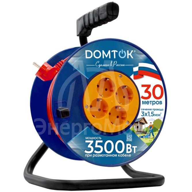 Удлинитель на катушке 4х30м с заземл. 16А IP20 3.5кВт ПВС 3х1.5 DOMTOK 2450