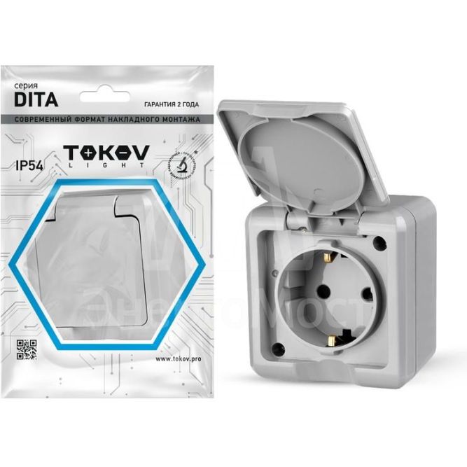 Розетка 1-м ОП Dita 16А IP54 250В с заземл. с крышкой сер. TOKOV LIGHT TKL-DT-R1Z-C06-IP54
