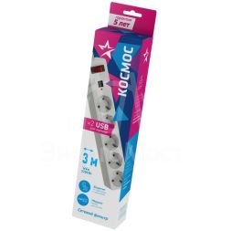 Удлинитель с сетевым фильтром 5х3м с заземл. 10А IP20 2.2кВт с предохранителем 3х0.75 2 USB разъема 2.1А 5В индикатор сети бел. КОСМОС FKsm3m-5g(W)USB