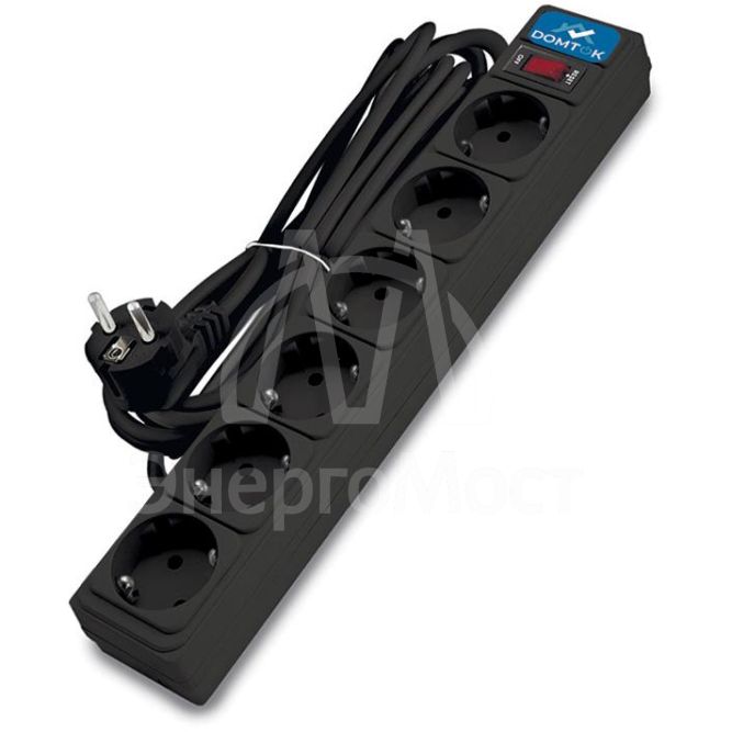 Удлинитель с сетевым фильтром 6х5м с заземл 10А IP20 2.2кВт ПВС 3х1 с выкл. черн. DOMTOK 2523