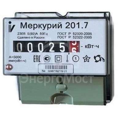 Счетчик &amp;quot;Меркурий&amp;quot; 201.7 1ф 5-60А 1 класс точн. 1 тариф. мех. табло DIN-рейка Инкотекс 32680