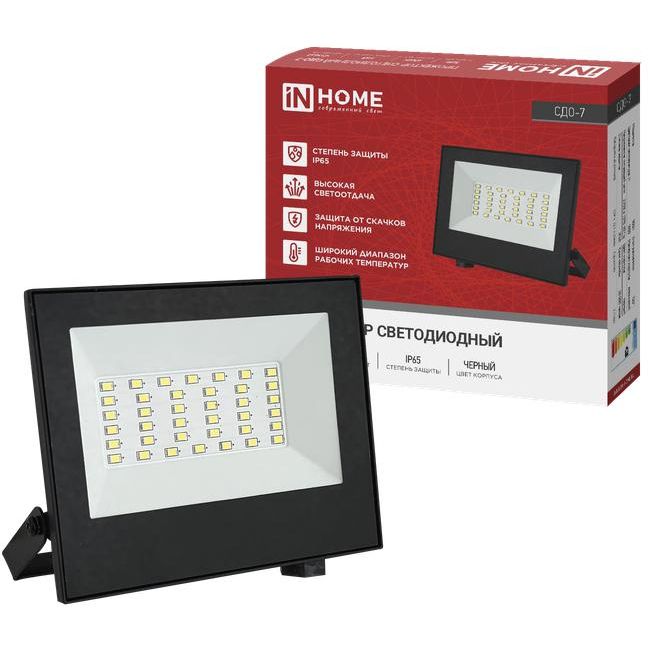 Прожектор светодиодный СДО-7 50Вт 4000К IP65 230В черн. IN HOME 4690612055145