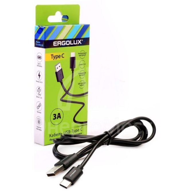 Кабель USB ELX-CDC02-C02 USB-Type C 3А 1.2м зарядка+передача данных коробка черн. ERGOLUX 15094