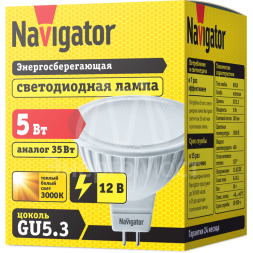 Лампа светодиодная 94 262 NLL-MR16-5-12-3K-GU5.3 5Вт 3000К тепл. бел. GU5.3 360лм 12В Navigator 94262