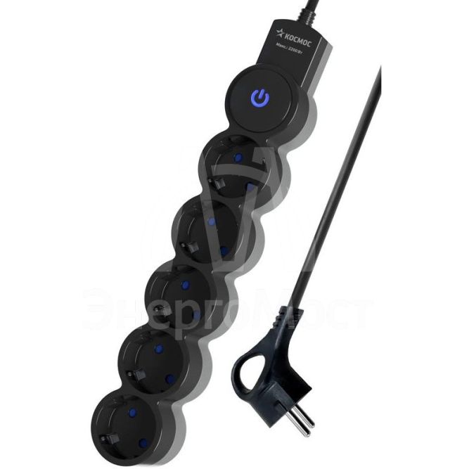 Удлинитель 5х5м ПВС 3х0.75 с защ. шторк. с заземл. IP20 с выкл. 220В 10А 2200Вт черн. КОСМОС YKsm5m-5g-Z-V10A-B