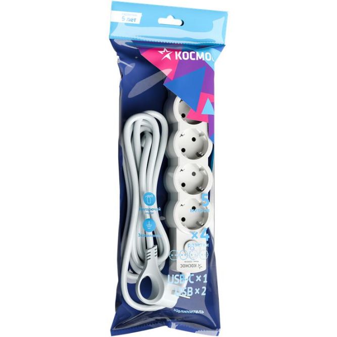 Удлинитель 3х5м с заземл. 10А IP20 USB 2500Вт 220В ПВС 3х1 с выкл. бел. КОСМОС YKsm5m4g-Z-VU10А-W