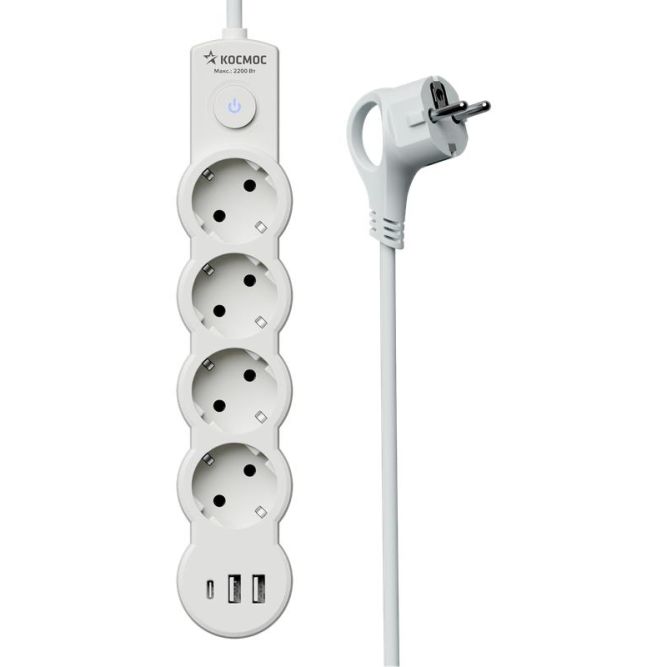 Удлинитель 3х5м с заземл. 10А IP20 USB 2500Вт 220В ПВС 3х1 с выкл. бел. КОСМОС YKsm5m4g-Z-VU10А-W