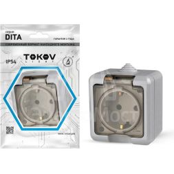 Розетка 1-м ОП Dita 16А IP54 250В с заземл. с прозрачн. крышкой сер. TOKOV LIGHT TKL-DT-R1Z-C06T-IP54