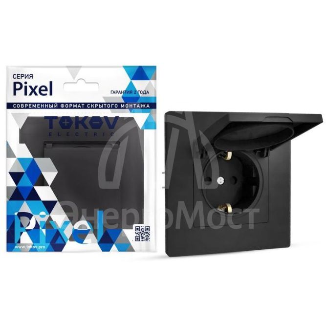 Розетка 1-м СП Pixel 16А IP20 с заземл. защ. шторки с крышкой механизм карбон TOKOV ELECTRIC TKE-PX-R1ZSW1-C14
