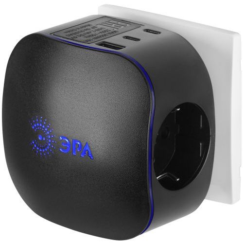 Разветвитель 3-м SP-3e-3USBAC-B + 3 USB A+C с заземл. со шторками 16А черн. Эра Б0069082