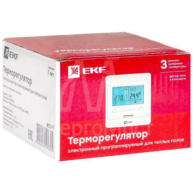 Термостат программируемый ETT-1 (HW-500; RTC 51.716; R51XT; ST-16) 3.6кВт 16А для теплых полов датчик пола; датчик воздуха бел. EKF ett-1
