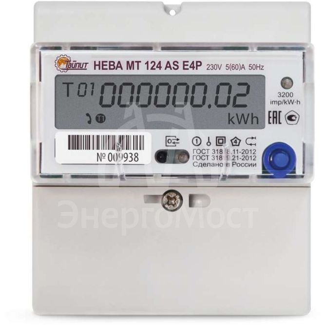 Счетчик НЕВА МТ 124 AS E4P 1ф 5-60А 220В многотариф. EIA 485 DIN ЖКИ Моск. вр. Тайпит 6108776