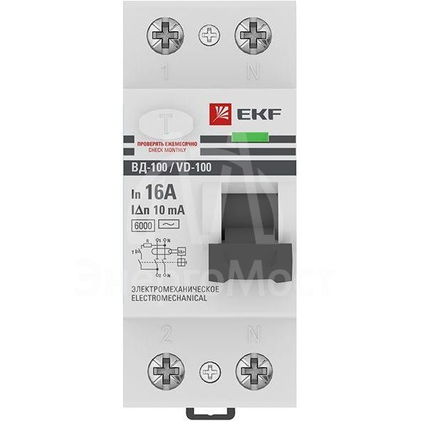 Выключатель дифференциального тока (УЗО) 2п 16А 10мА тип AC 6кА ВД-100 электромех. PROxima EKF elcb-2-6-16-10-em-pro
