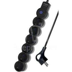 Удлинитель 6х5м ПВС 3х0.75 с защ. шторк. с заземл. IP20 с выкл. 220В 10А 2200Вт черн. КОСМОС YKsm5m-6g-Z-V10A-B