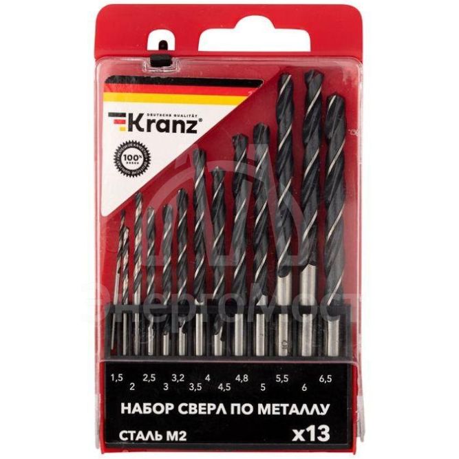 Набор сверл по металлу (HSS) диаметр 1.5-6.5мм (13 шт.) Kranz KR-91-0631