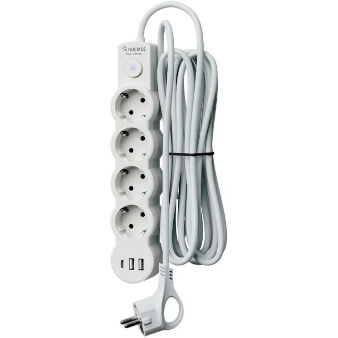 Удлинитель 3х3м с заземл. 10А IP20 USB 2500Вт 220В ПВС 3х1 с выкл. бел. КОСМОС YKsm3m4g-Z-VU10А-W