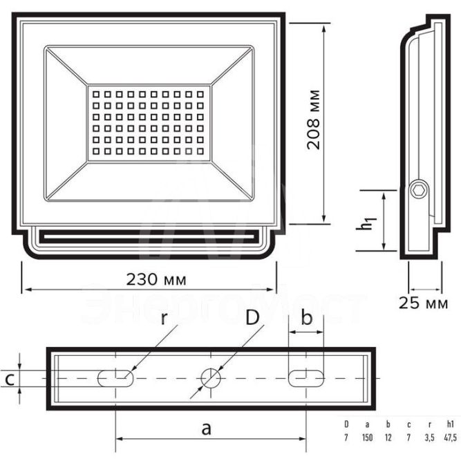 Прожектор светодиодный СДО-20 100Вт 6500К IP65 230В BL прозр. закаленное стекло ФАZА 5047341