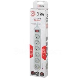 Удлинитель с сетевым фильтром 6х1.5м с заземл. 10А IP20 USF-6es-1.5m-W с выкл. с базов. защитой бел. Эра Б0037260