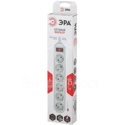 Удлинитель с сетевым фильтром 6х1.5м с заземл. 10А IP20 USF-6es-1.5m-W с выкл. с базов. защитой бел. Эра Б0037260