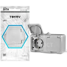 Розетка 2-м ОП Dita 16А IP54 250В с заземл. с крышкой сер. TOKOV LIGHT TKL-DT-R2Z-C06-IP54