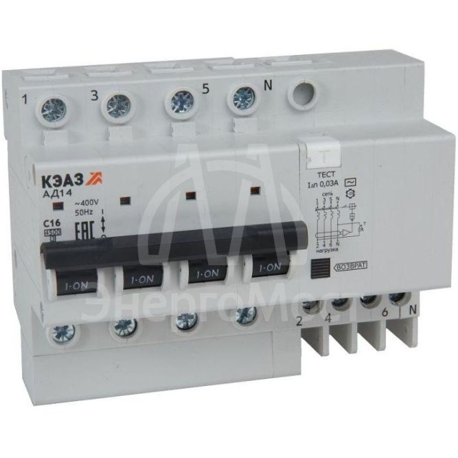 Выключатель автоматический дифференциального тока с защитой от сверхтоков 4п C16 30мА 4.5кА АД14-42C16-АC-УХЛ4 КЭАЗ 318384