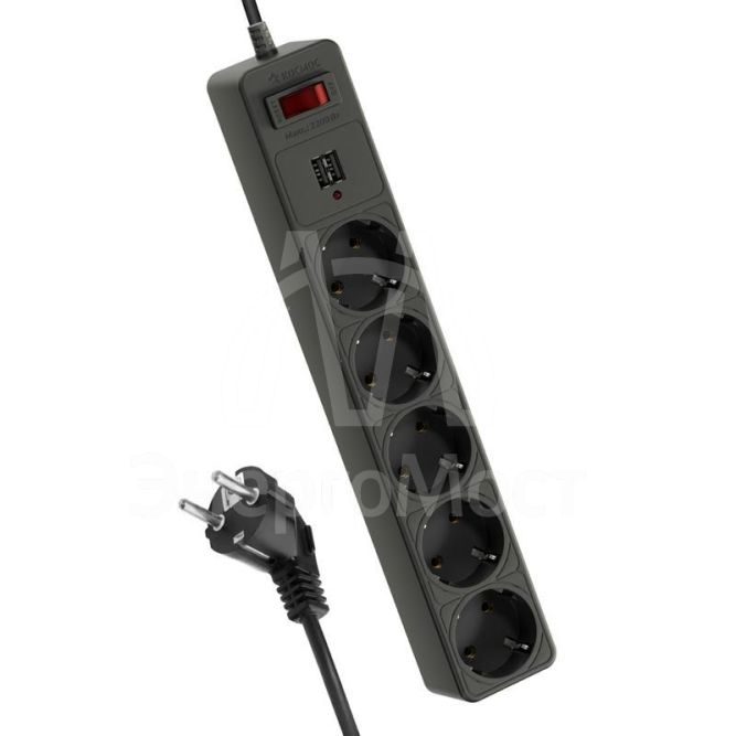 Удлинитель с сетевым фильтром 5х3м с заземл. 10А IP20 2.2кВт с предохранителем 3х0.75 2 USB разъема 2.1А 5В индикатор сети черн. КОСМОС FKsm3m-5g(B)USB