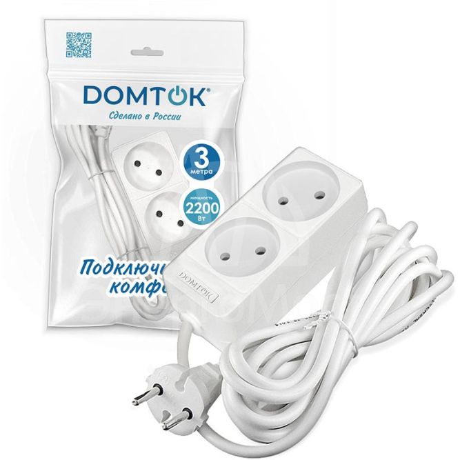 Удлинитель 2х3м без заземл. 10А IP20 2.2кВт ПВС 2х1 бел. DOMTOK 2346