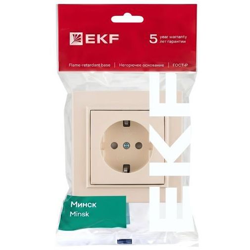 Розетка 1-м СП Минск 16А IP20 с заземл. защ. шторки беж. EKF ERR16-028-200