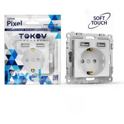Розетка 1-м СП Pixel IP20 с заземл. с 2-мя заряд. устр. USB тип A+A механизм айс TOKOV ELECTRIC TKE-PX-R1U2A-C34