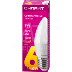 Лампа светодиодная 71 630 OLL-C37-6-230-2.7K-E27-FR 6Вт свеча 2700К тепл. бел. E27 450лм 176-264В ОНЛАЙТ 71630