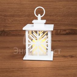 Фонарь декоративный со свечкой бел. корпус со снежинкой 12х12х18см тепл. бел. NEON-NIGHT 513-043