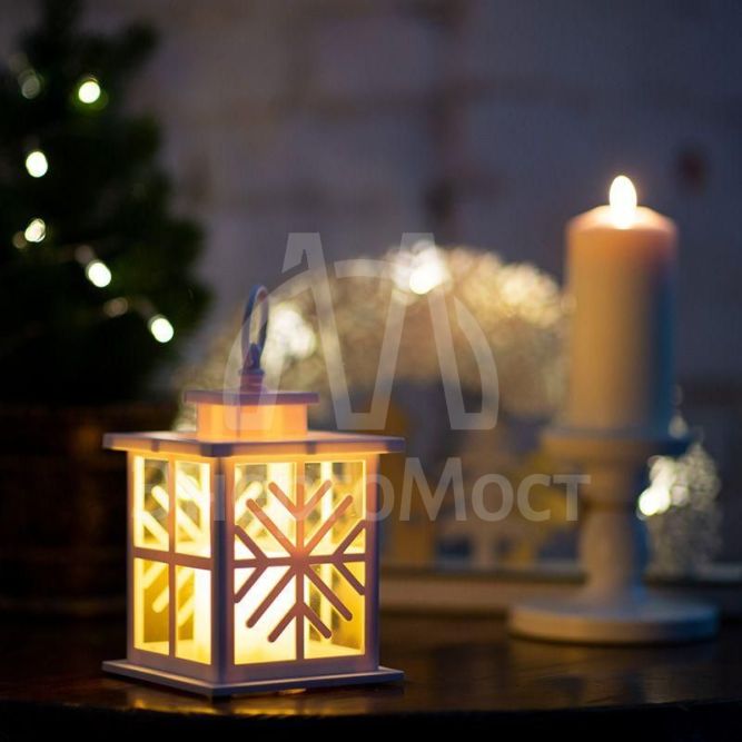 Фонарь декоративный со свечкой бел. корпус со снежинкой 12х12х18см тепл. бел. NEON-NIGHT 513-043