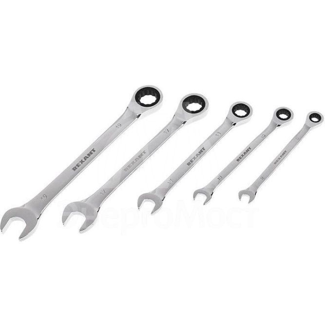 Набор ключей комбинированных трещоточных 8 10 13 17 19мм 5 предметов CrV зерк. хромирование Rexant 12-5841-1