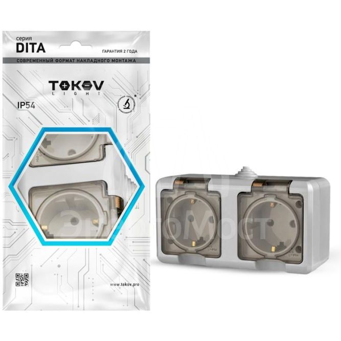 Розетка 2-м ОП Dita 16А IP54 250В с заземл. с прозрачн. крышкой сер.TOKOV LIGHT TKL-DT-R2Z-C06T-IP54