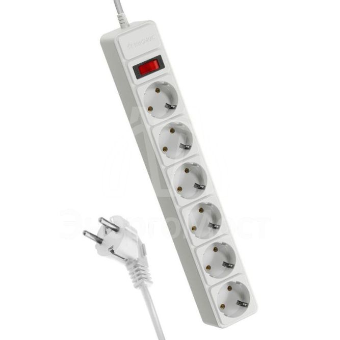 Удлинитель с сетевым фильтром 6х1.8м с заземл. 16А IP20 3.5кВт с предохранителем 3х1 индикатор сети бел. КОСМОС FKsm1.8m-6g(W)16A