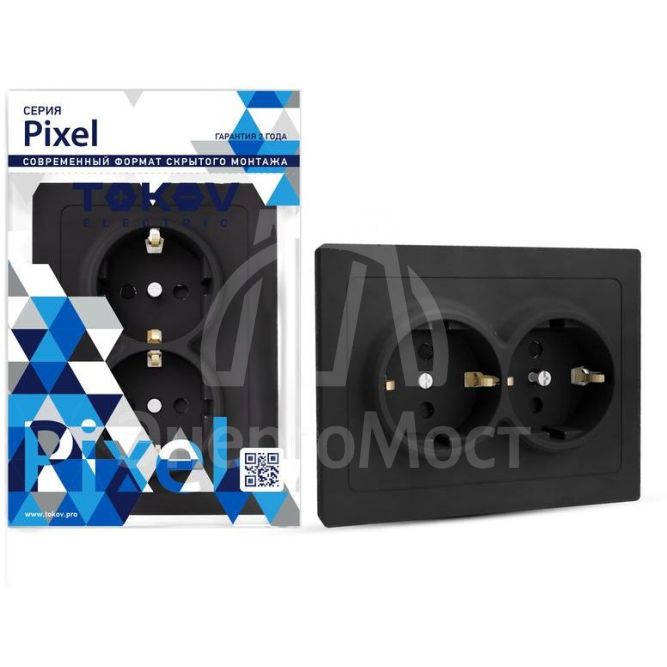 Розетка 2-м СП Pixel 16А IP20 с заземл. защ. шторки в сборе карбон TOKOV ELECTRIC TKE-PX-R2FZSF-C14