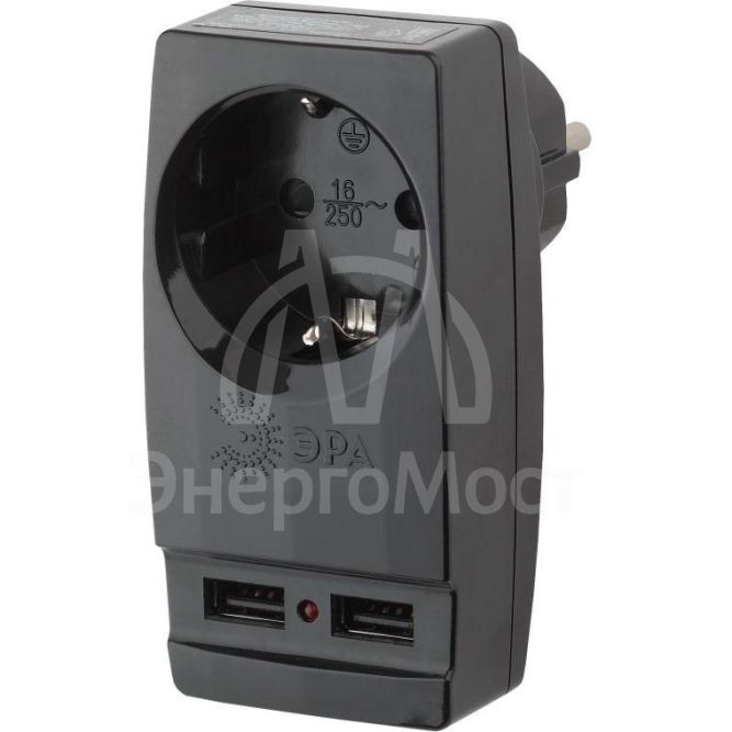 Адаптер SP-1e-USB-B &amp;quot;Polynom&amp;quot; 1-м 220В + 2хUSB 2100мА c зазeмл. черн. ЭРА Б0026333