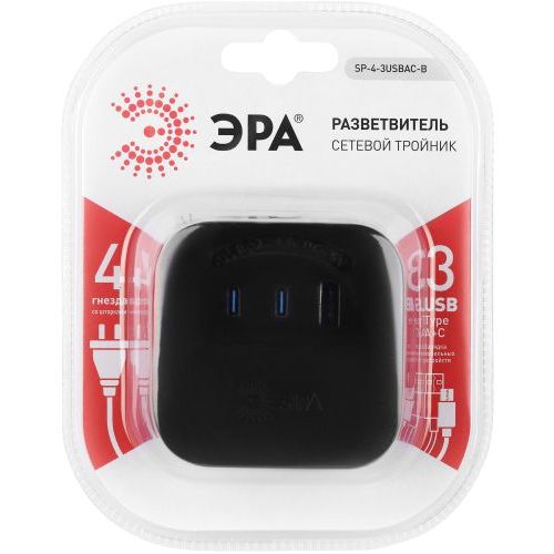 Разветвитель 4-м SP-4-3USBAC-B + 3 USB A+C со шторками 10А черн. Эра Б0069084