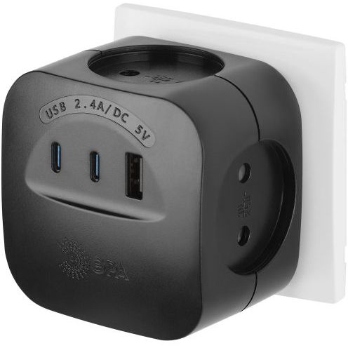 Разветвитель 4-м SP-4-3USBAC-B + 3 USB A+C со шторками 10А черн. Эра Б0069084