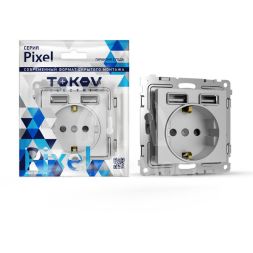 Розетка 1-м СП Pixel с заземл. с 2-мя заряд. устр. USB тип A+A механизм алюм. TOKOV ELECTRIC TKE-PX-R1U2A-C03