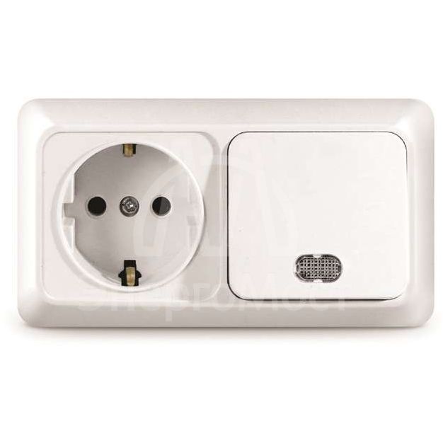 Блок ОП Олимп 1-кл. вык. с подсветкой + роз. с заземл. горизонт. бел. UNIVersal О0036