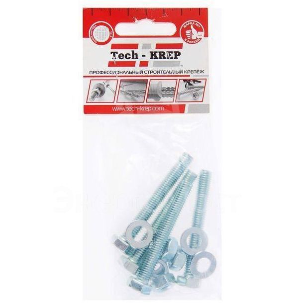 Болт DIN933 с шестигранной головкой М8х60+гайка+шайба оцинк. (уп.4шт) Tech-KREP 112724