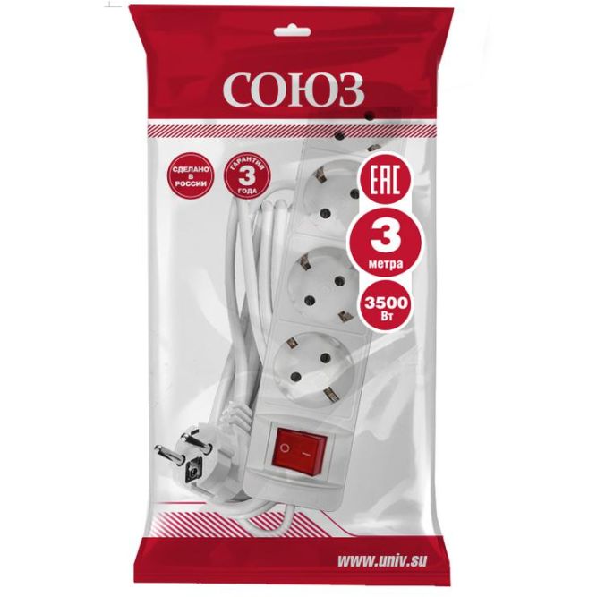Удлинитель 4х3х16А IP20 3х1 с выкл. бел. Союз 2793