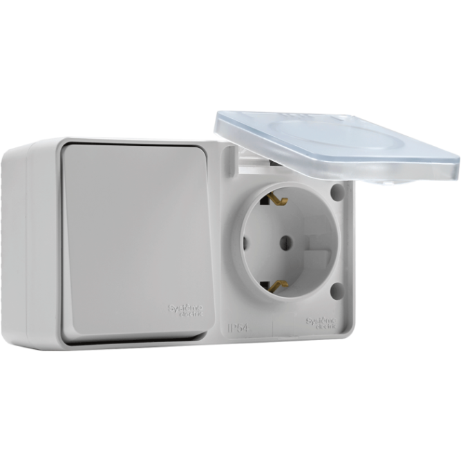 Блок ОП AtlasDesign Profi54 розетка 16А 250В с заземл. с защ. шторками + 1-кл. выключатель 10А бел. SchE ATN540170