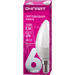 Лампа светодиодная 71 629 OLL-C37-6-230-4K-E14-FR 6Вт свеча 4000К бел. E14 470лм 176-264В ОНЛАЙТ 71629