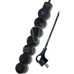 Удлинитель 6х1.5м ПВС 3х0.75 с защ. шторк. с заземл. IP20 с выкл. 220В 10А 2200Вт черн. КОСМОС YKsm1.5m-6g-Z-V10A-B