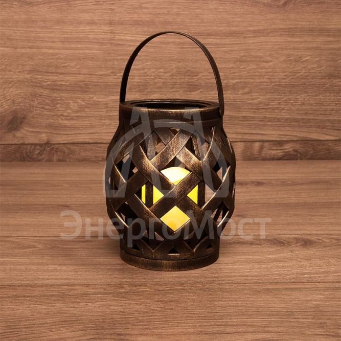 Фонарь декоративный со свечкой плетеный корпус бронза 14х14х16.5см тепл. бел. NEON-NIGHT 513-055